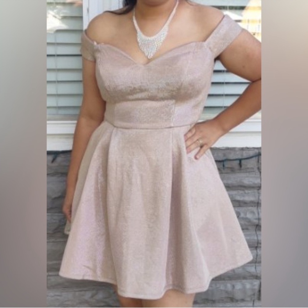 B Darlin 3/4 rose gold sequin mini dress off shoulder homecoming